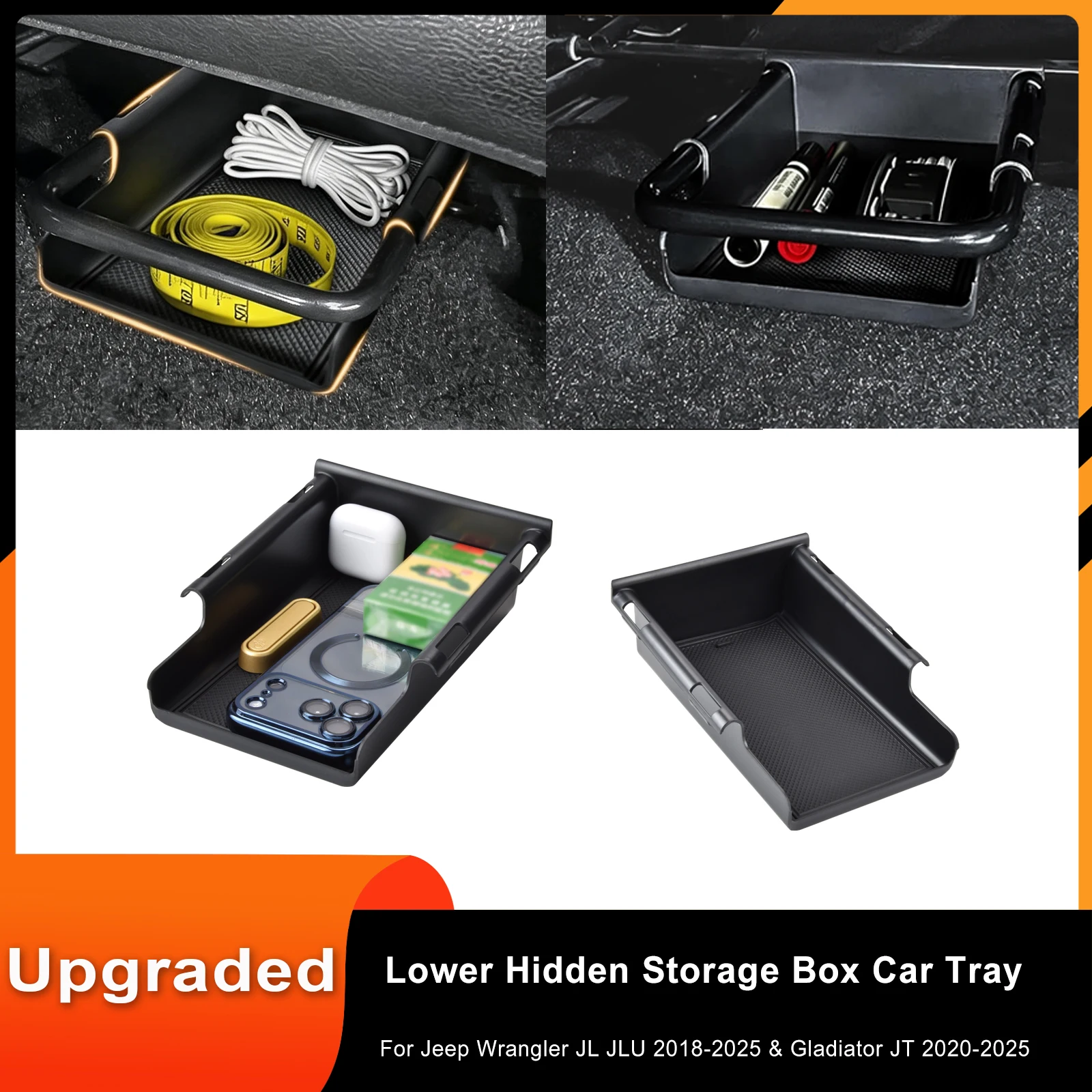 For Jeep Wrangler JL JLU 2018-2025 & Gladiator JT 2020-2025 Lower Hidden Storage Box Car Tray Front Under Seat Storage Organizer