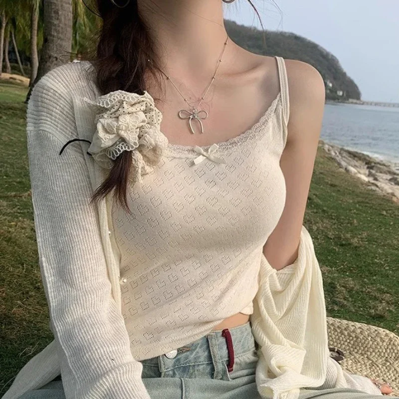 Pointelle Knit Cami Top with Lace Trim Cute Bow Sleeveless Strappy Crop Top Camisole Schoolgirl Balletcore Coquette Y2K Summer