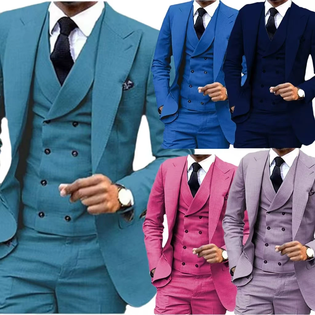 

Men's casual fitted linen suit formal jacket with peak lapel for celebrities Fashionable Double Breasted suit vests for men