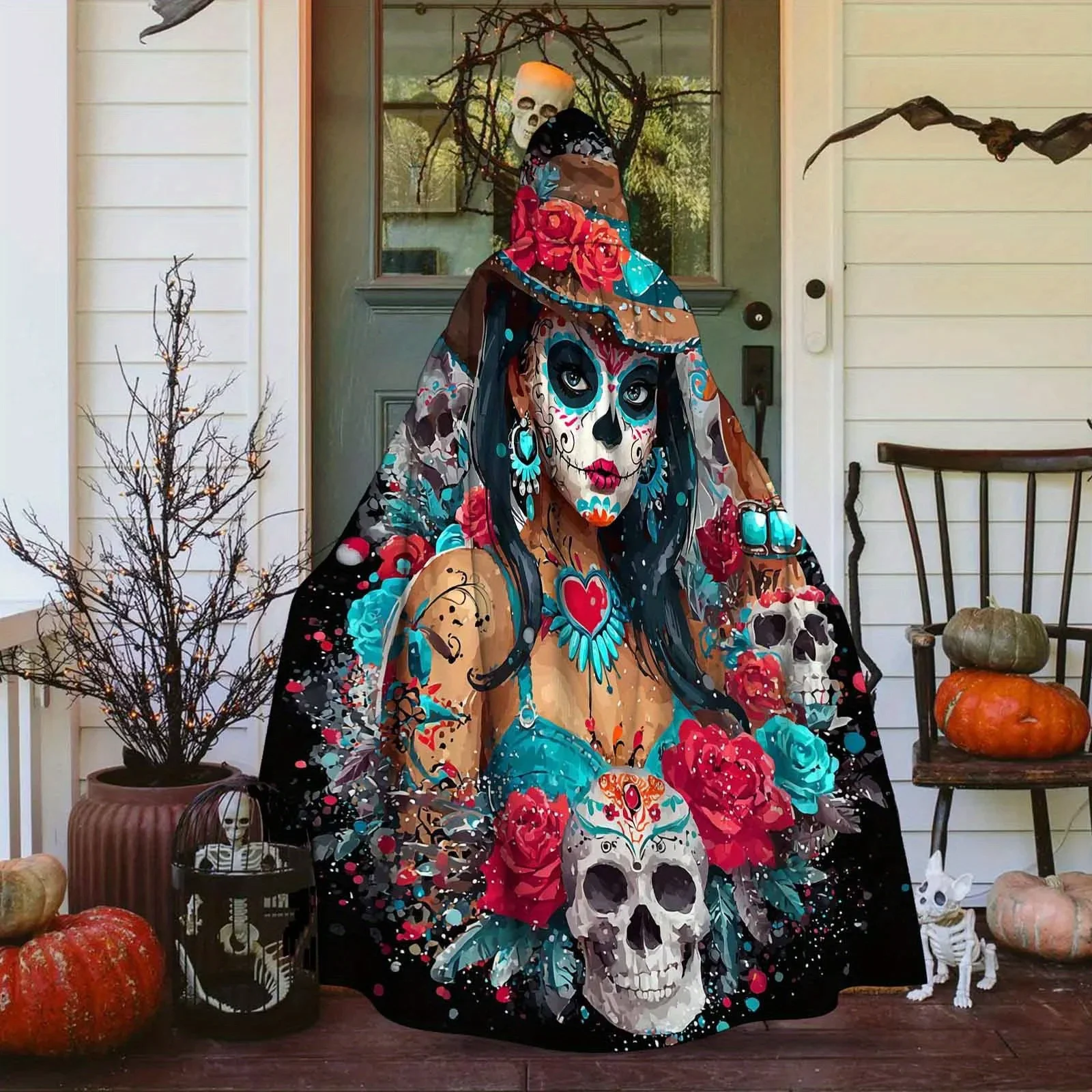 Customization 1pc Day Of The Dead Hooded Robe Traditional Mexican Costume Cloak With Sugar Skull Floral Patterns, Machine Washab