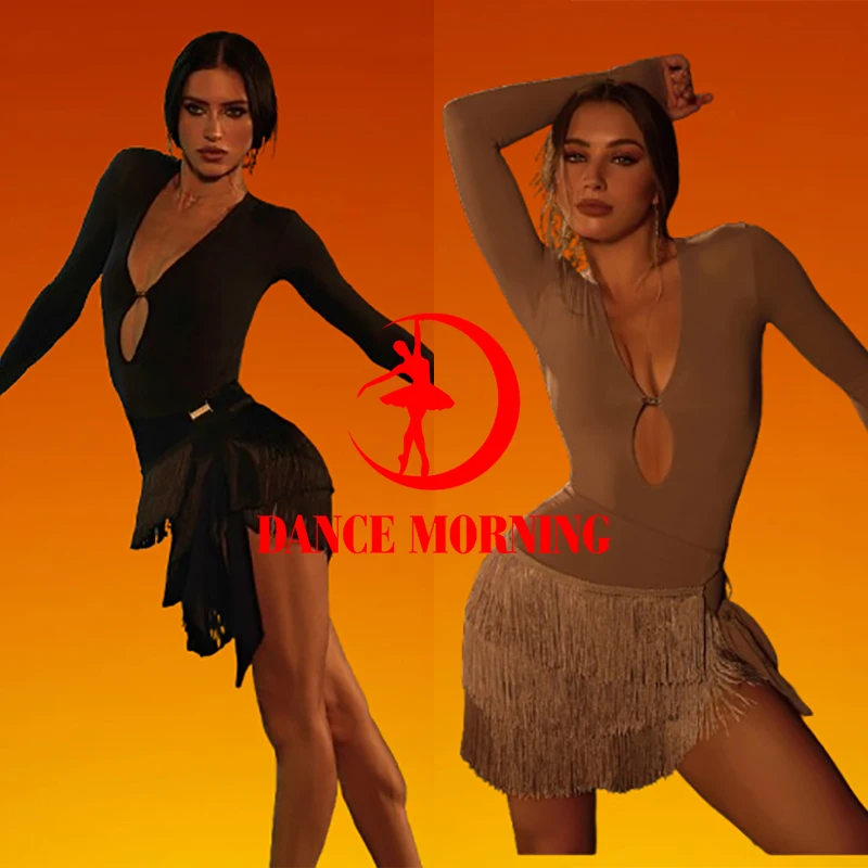 

ZYM latin Dance Costume V Neck bodysuit black blue fringeSkirt Women Chacha Rumba Practice s Adult Latin Dance Wear 25086