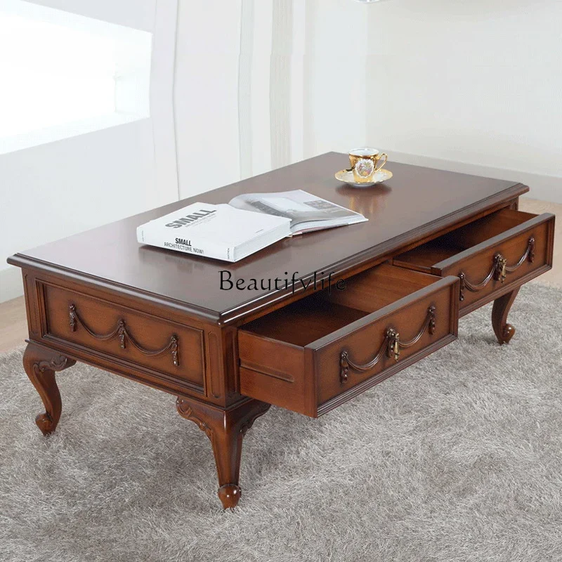 Mesa de té tallada en madera, muebles de sala de estar de estilo americano, mesa de sofá de estilo europeo para apartamento pequeño