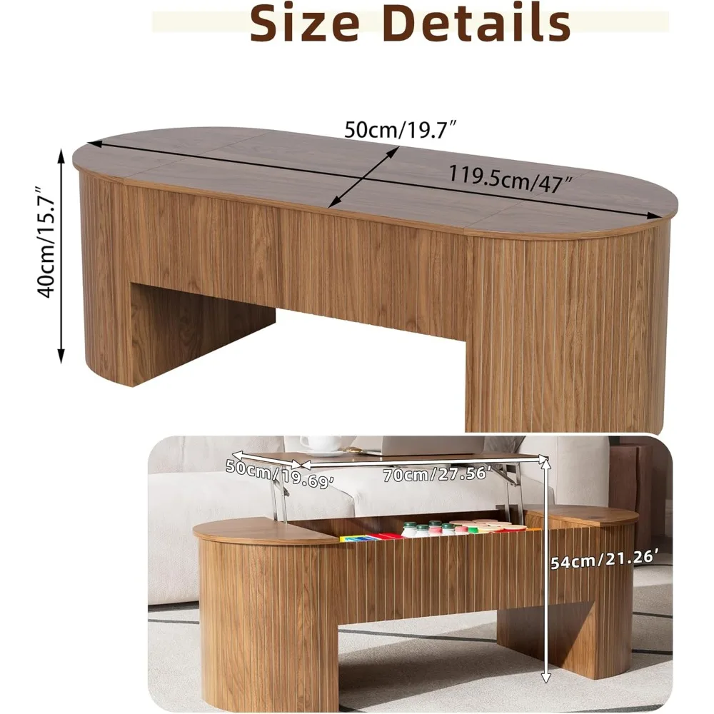 ミッドセンチュリーモダンな楕円形コーヒーテーブル、リフトトップと隠し収納付き、47インチの大型リビングルーム家具