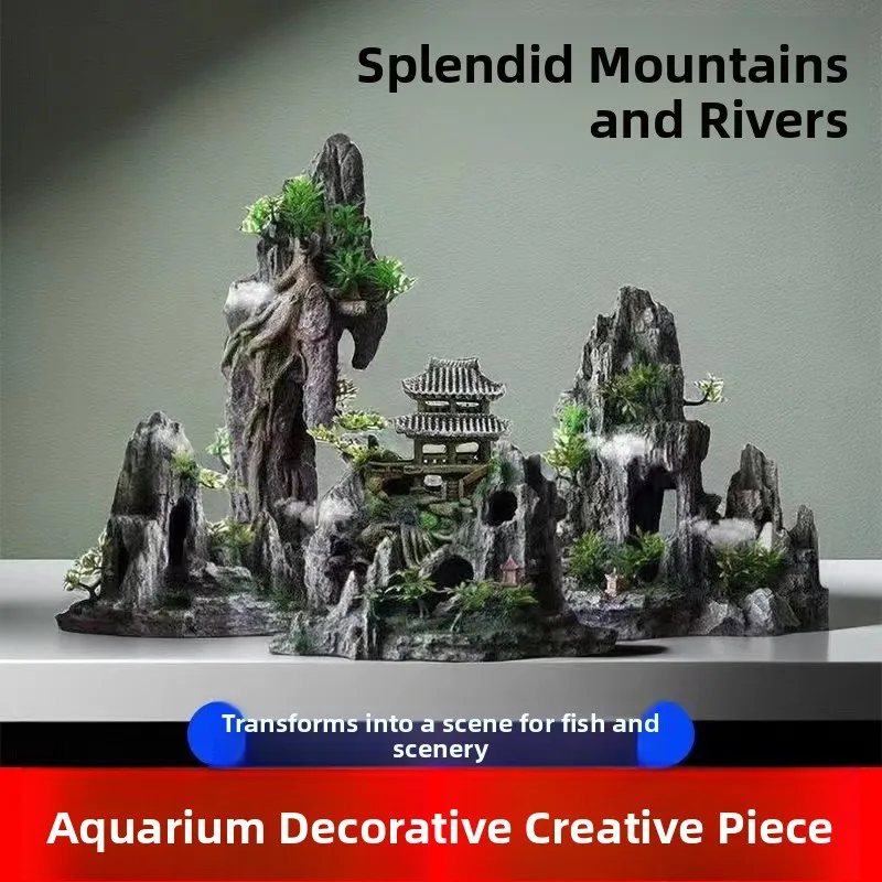 Large Aquarium Landscape Decoration Sinkable Mountain Stone Realistic Fake Grass And Rock Hideout for Fish Tanks Pet Supplies