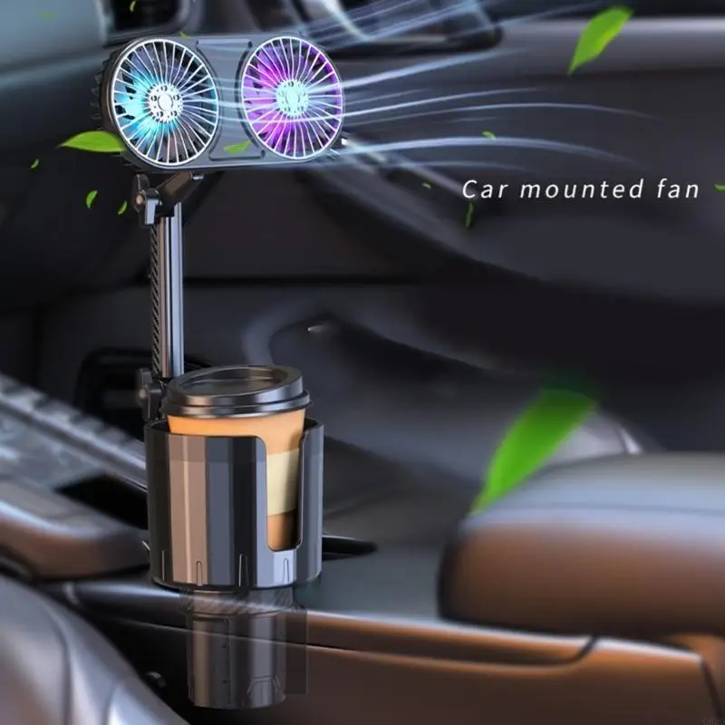 G6DD USB Car Fan with Light Adjust Speed 360 Degree Rotating Perfect for Camping Traveling Cup Holder