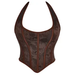 Brown Corset with Shoulder Straps Women Bustier Tops Vest Overbust Sexy Flower Print Vintage Fashion Medieval Plus Size