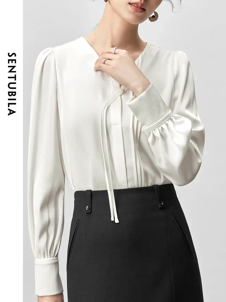 SENTUBILA Donna Elegante Camicetta Bianca 2025 Primavera Scollo a V Perla Fibbia Pieghe Manica Lunga Donna Top Donna Vestiti 143V55443