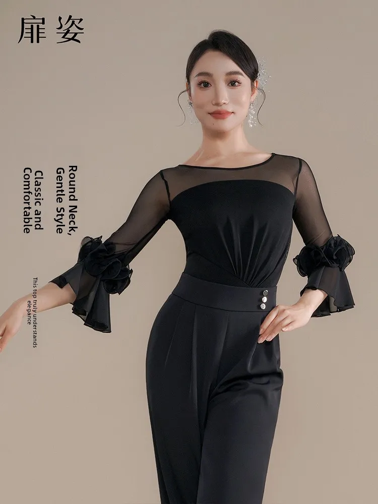 Modern Dance Top Women's Fashionable Social Dance High-end One-piece Suit New 2026 F1448 Short Sleeve round Neck Fitness Spor...