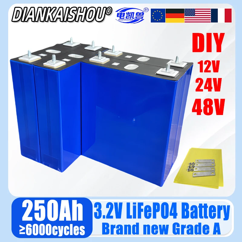 

New 3.2V 250Ah LiFePO4 Battery Grade A Lithium iron phosphate For 4s 12v 24v Inverter Campers Golf Cart Off-Road TAX FREE