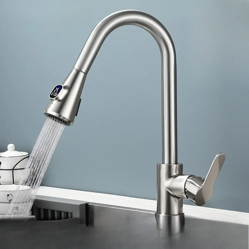 Kitchen digital display faucet pull-out type hot and cold universal telescopic splash-proof household vegetable basin
