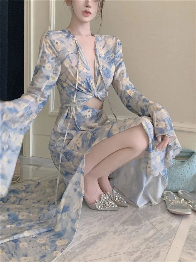 

New 2024 Fashion Print Long Summer Holiday Fairy Dress Hollow Out Skirt V Neck Long Sleeve High Split Beach Seaside Photo Dress