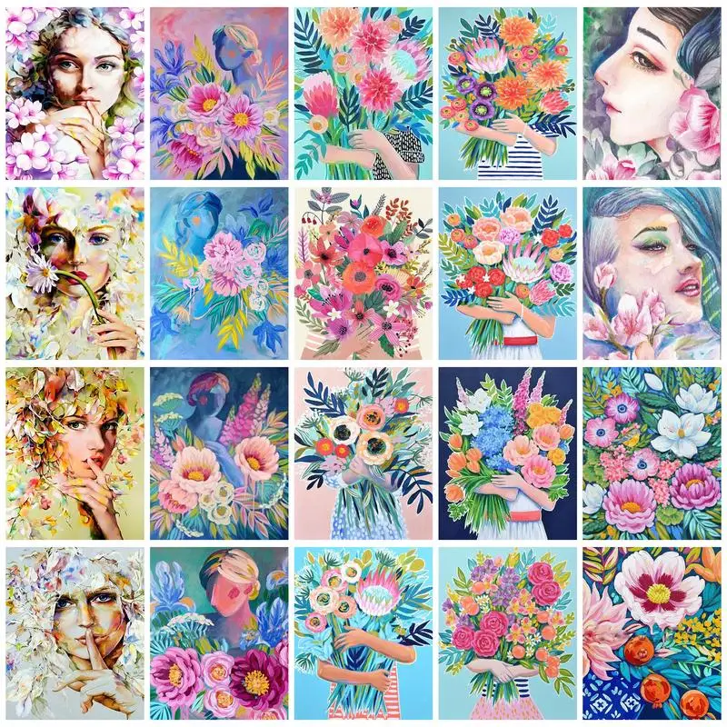 

GATYZTORY 40x50cm Painting by Numbers with Frame Oil Handpainted Flowers Woman Canvas Painting Adults Crafts Wall Decor