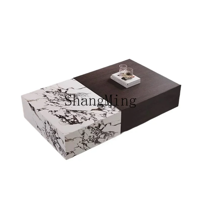 ZZJ minimalist marble coffee table small apartment living room household solid wood with storage rock slab treasure coffee table