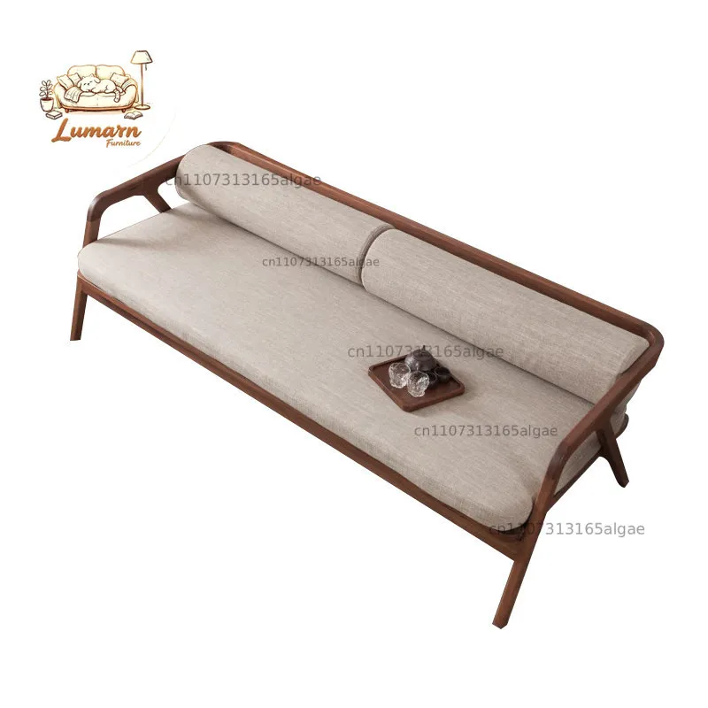 Walnut sofa simple solid wood three-person sofa Luohan tea room soft bag light luxury solid wood
