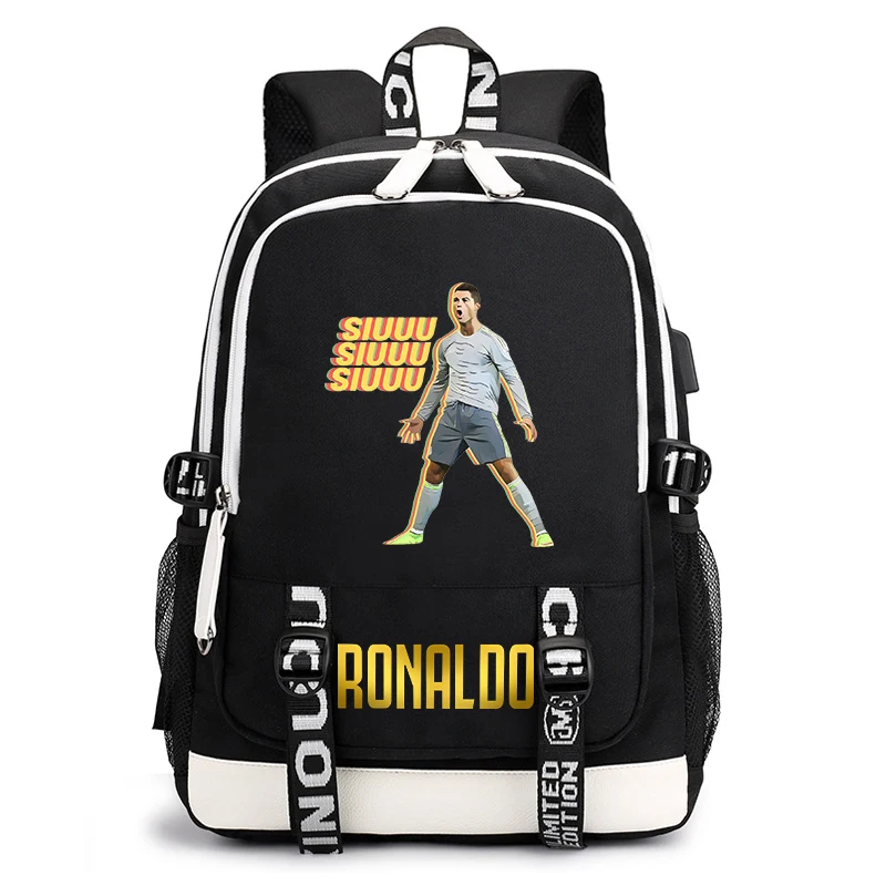 Mochila escolar con estampado de Ronaldo para estudiantes, mochila para niños, usb, bolsa de viaje para exteriores, bolsa informal negra