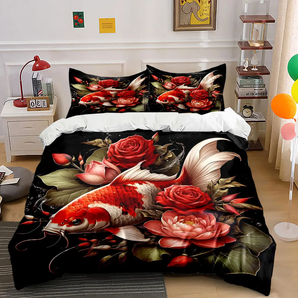 Koi Fish Surrounded By Red Flowers Print Bedding Set 1 Duvet Cover 2 Pillowcases for Adult and Children Luxury Gift Full Size