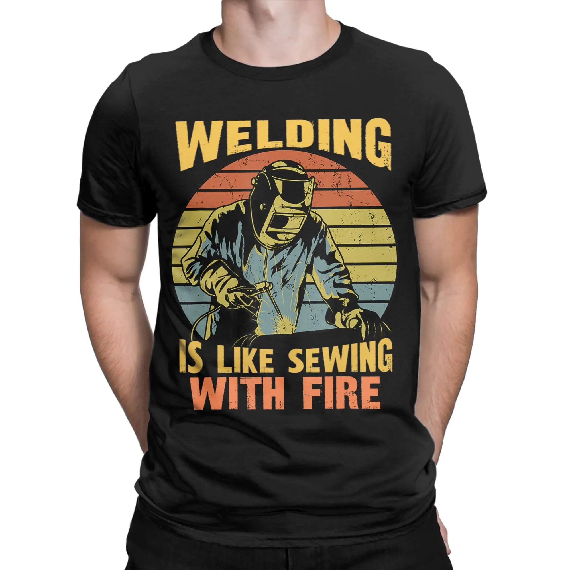 Welding is Like Sewing with Fire Men's T Shirts  Unique Tees Short Sleeve Crewneck T-Shirts 100% Cotton Graphic Clothes