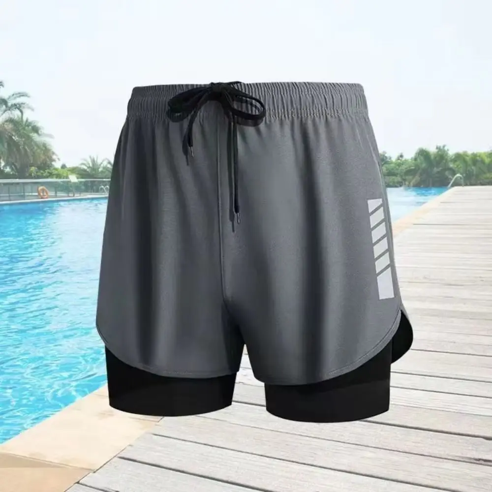 

Stripe Swimming Trunks Shorts Double Layer Mid Waist Men Sports Training Shorts Anti Glare Elastic Men's Jogging Shorts Beach