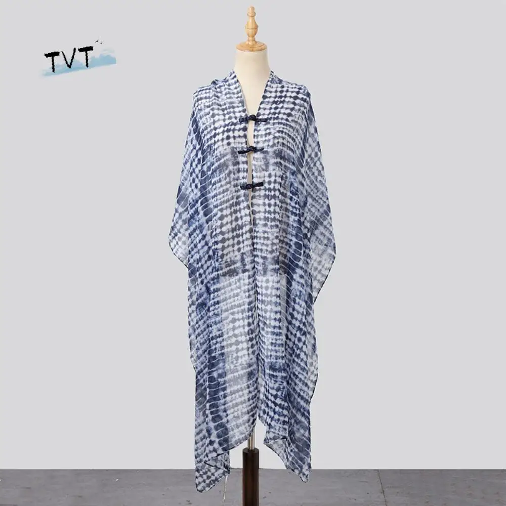 

Casual Sun Protection Ethnic Style Shawl Wraps Floral Sunscreen Shawl Chinese Style Button Printed Beach Scarf Spring Summer