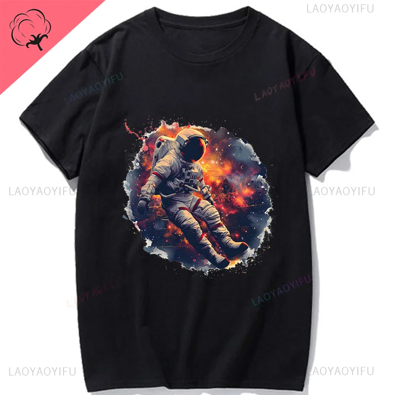 Unisex 100% Cotton Tee Featuring Astronaut and Fiery Space Exploration Scene Graphic Popular Sci-Fi Trend