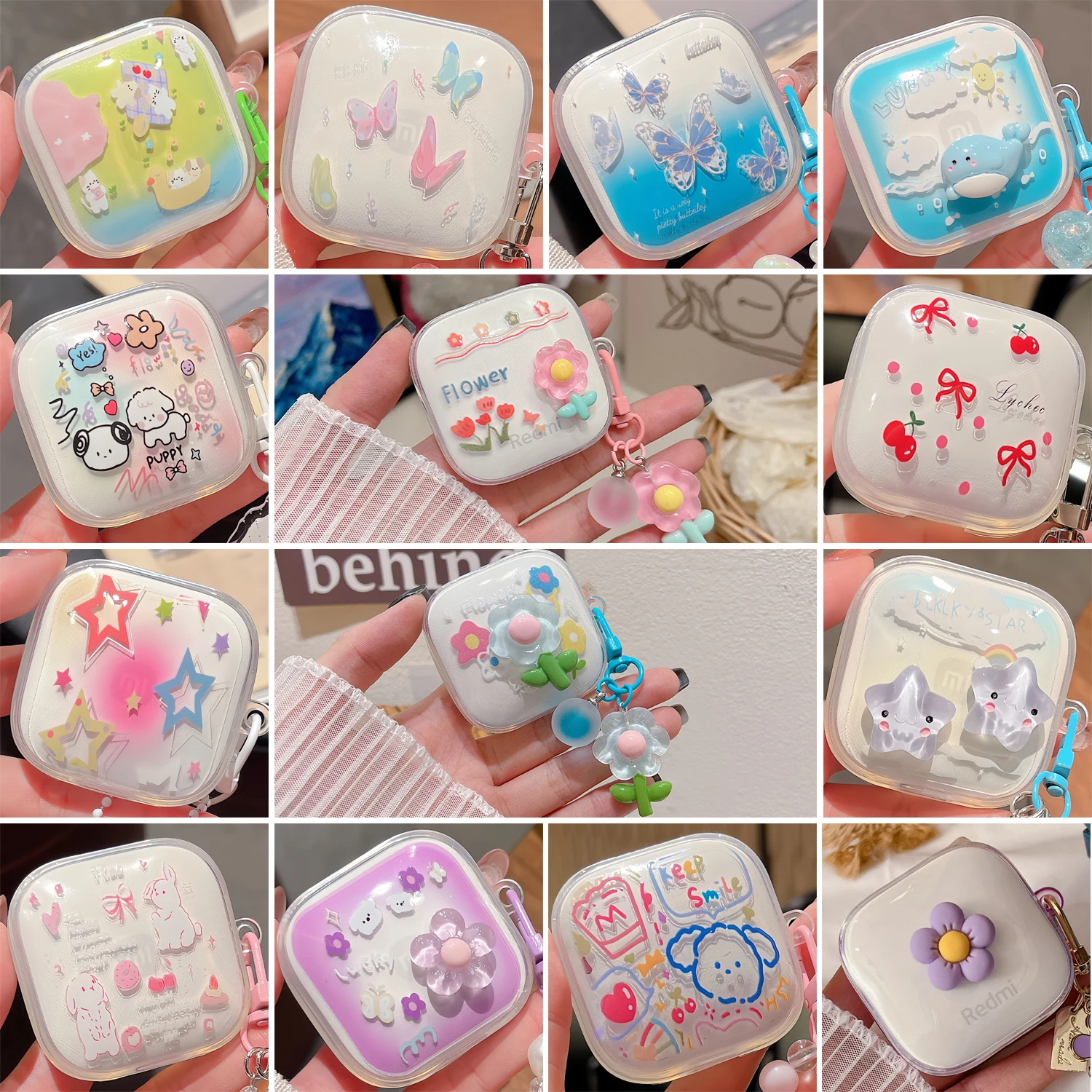 Funda transparente de dibujos animados para Redmi Buds6, carcasa suave activa, lindas flores con colgante, funda a prueba de golpes para auriculares Xiaomi Air 4 SE