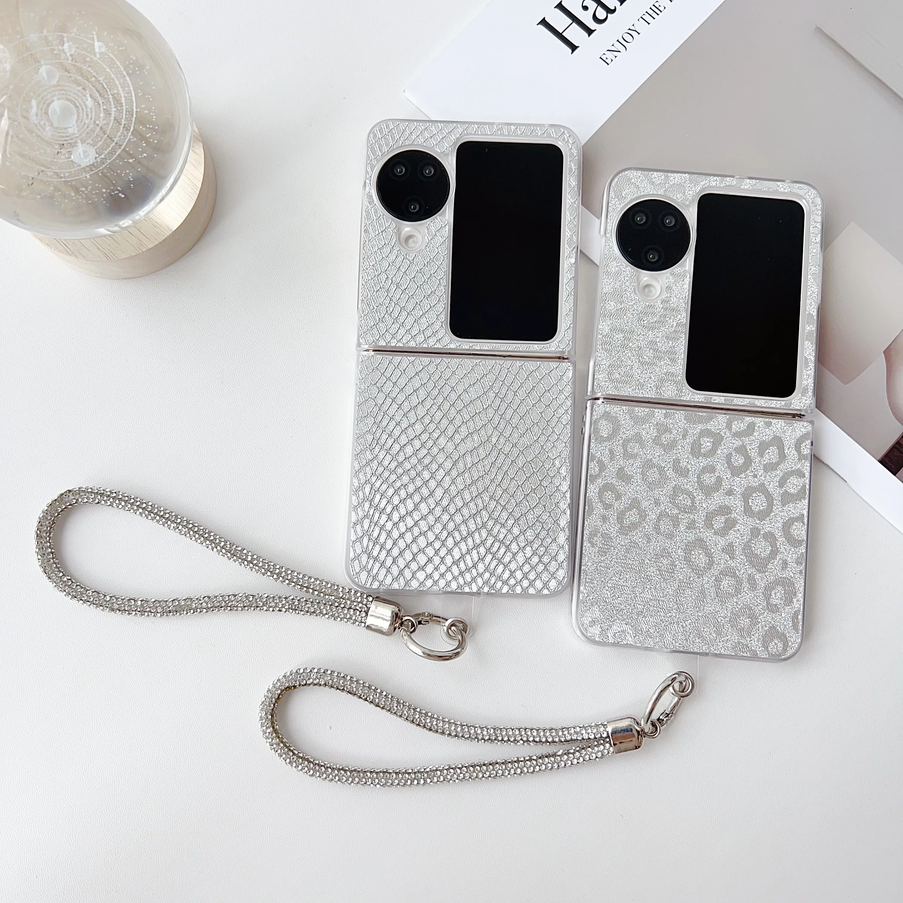 

Back Cover For OPPO Find N3 N2 Flip Case Sliver Laser Leopard Panther Snake Pattern Hand Straps Rope Hard Pc Shockproof Case