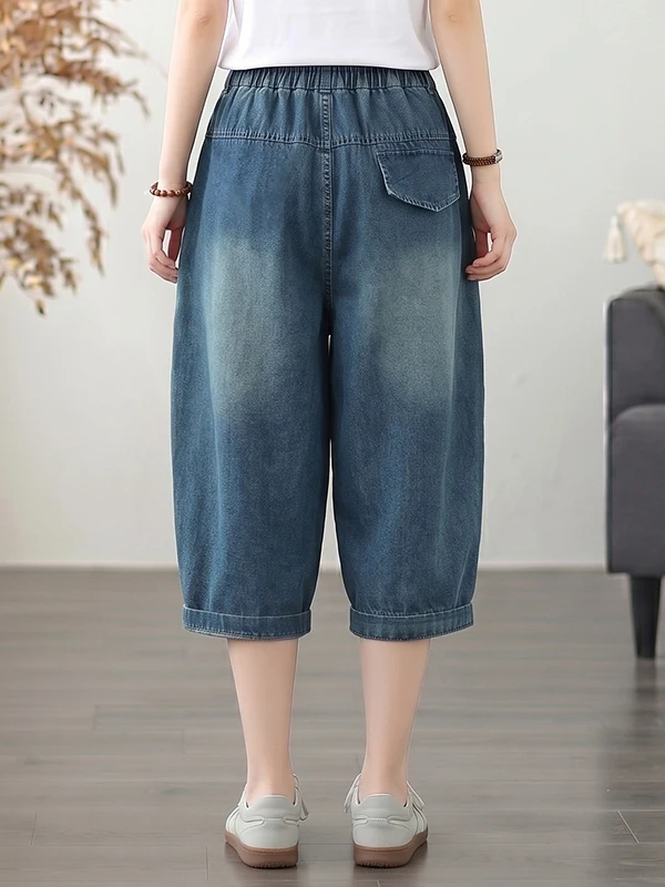 Retro Washed Distressed Denim High Waist Elastic Casual Pants for Women Summer Thin Wide Leg Straight Cut Versatile Jeans