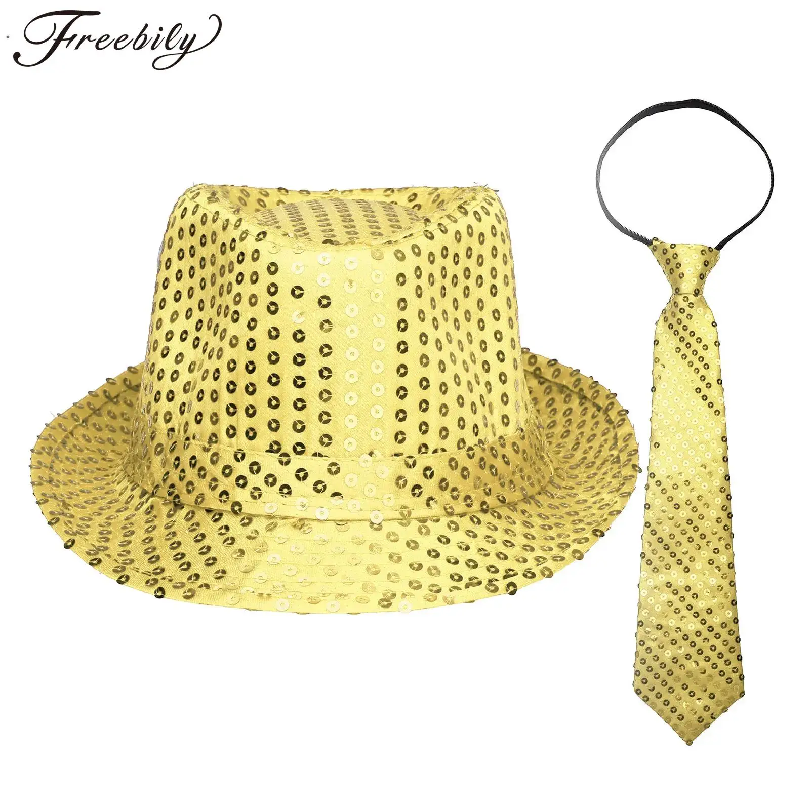 

Adult Girls Retro Disco Outfits Sequins Fedora Hat Rock Jazz Performance Pre-tie Necktie Halloween Party Costume Shiny Props
