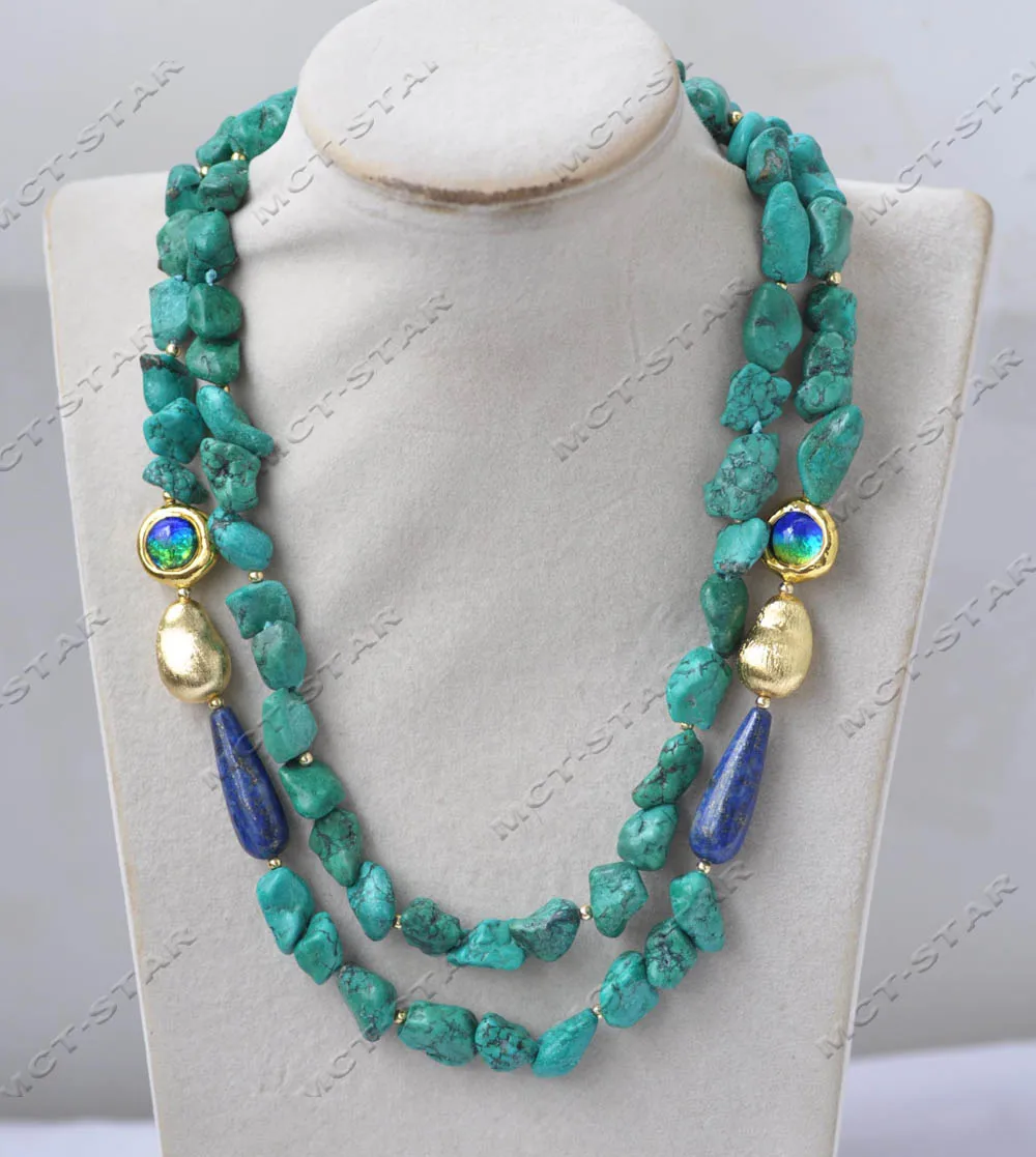

Z13573 2row 18" Green Baroque Turquoise Blue Drop Lapis lazuli Gourd Coloured Glass Necklace Custom Jewelry