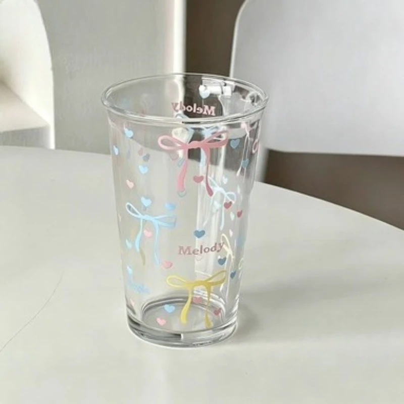 

New Cute Pink Bow Glass Cup with Printed Transparent Glass Mug Milk Cup Office Coffee Cup Suitable for Giving Gifts To Girls