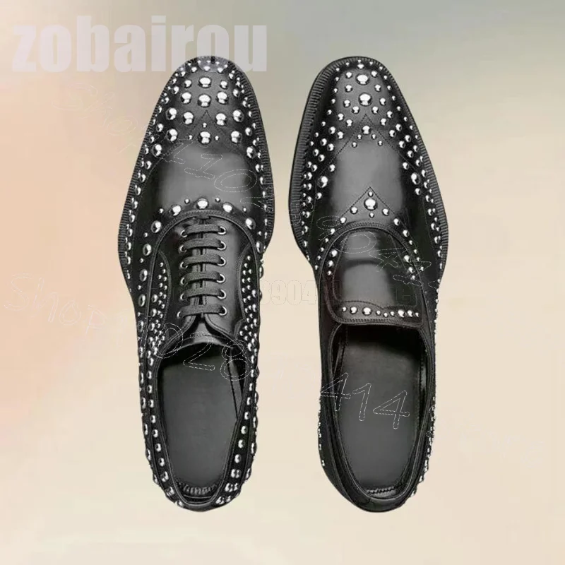 

Metal Rivets Black Strappy Men Derby Shoes Fashion Slip On Men Shoes Luxury Handmade Party Feast Banquet Office Men Dress Shoes