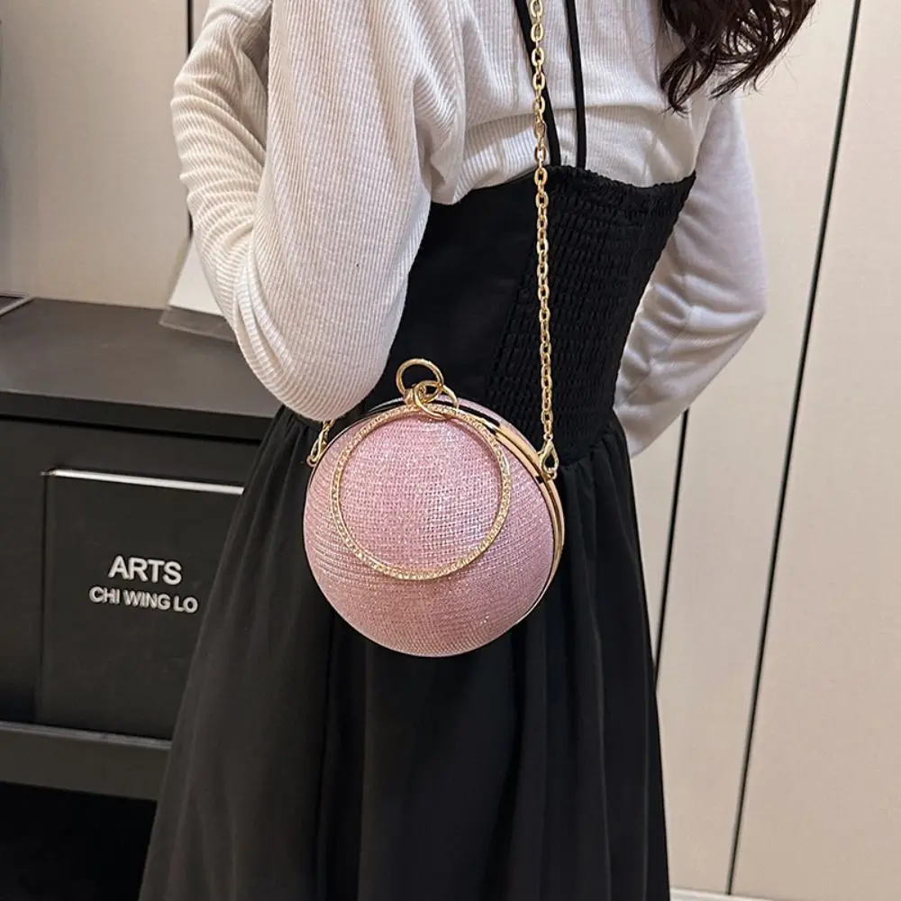 Bolso de mano de bola redonda con diamantes de imitación para mujer, bolso de noche, bolso de hombro con cadena para lápiz labial, anillo Circular,