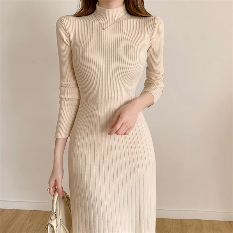 

New Woman Dresses Autumn Elegant Knitted 2022 Vintage Korean Winter Solid Sweater Dress Women Warm Clothing Thick Vestido Femme