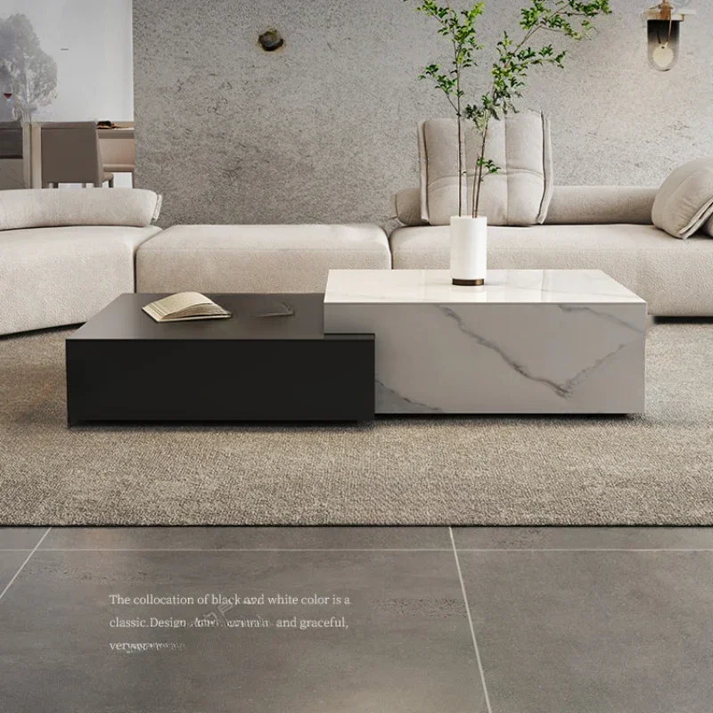 

Italian minimalist full rock slab coffee table, modern simple living room small apartment, black and white contrasting