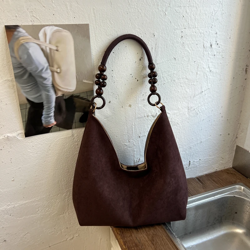 Korean Retro Faux Suede Hobo Bag for Women Wooden Bead Handle Large Capacity Casual Commuter Underarm Shoulder Handbag