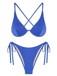 Zaful Blue Glitter Beugel Bikini Set Crosstrap Badpak 2024 Vrouwelijke Sexy Effen Tweedelige Vrouwelijke Tankini Dameszwemkleding