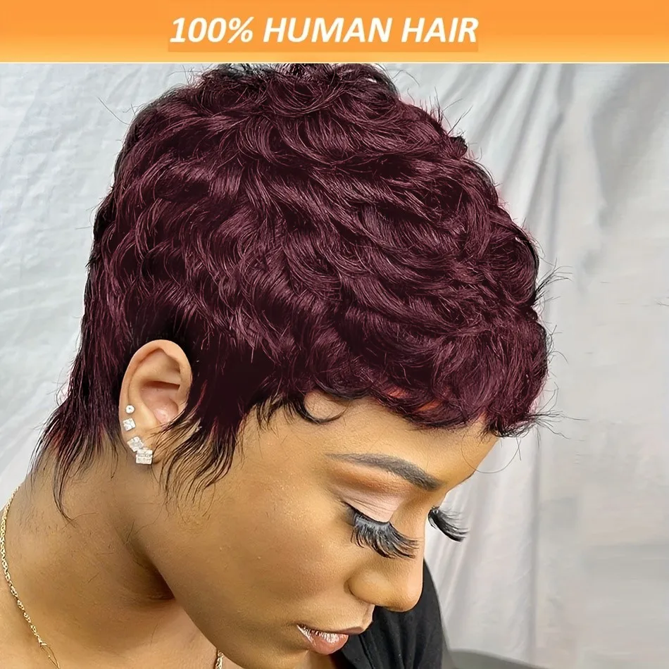 pixie cut 99j brown color 4inch150% density machine made short straight layered human hair wigs for women daily use remy wig