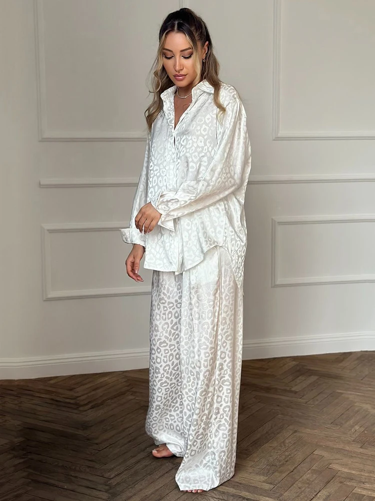 HiLoc Elegant White Jacquard Pants Women\'S Sleepwears Fashion Long Sleeve Loose Shirts Autumn Wide Leg Pants Pajamas Sets Female