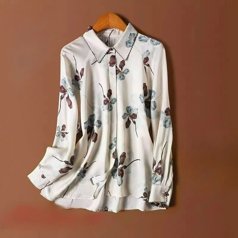 

2025 New Spring Silk Blouse Women Korean Fashion Long Sleeve Thin Floral Print Female Elegant Shirt Office Lady Soft Tops
