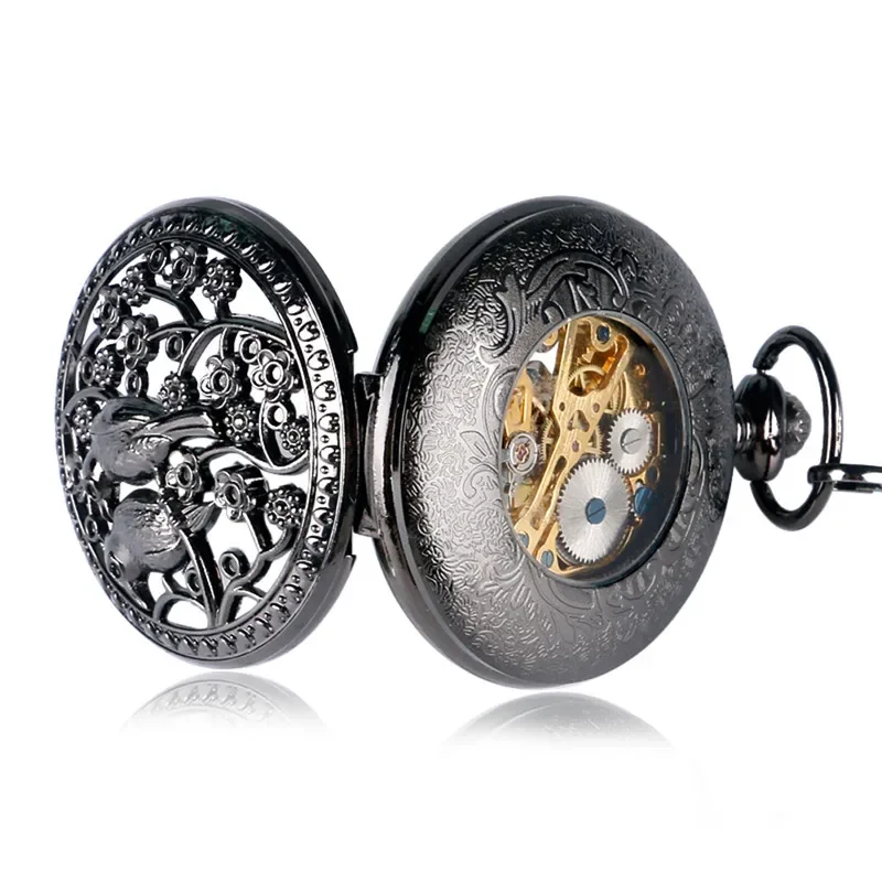 Antique Pocket Watch Hollow Out Bird Case Unisex Handwinding Mechanical Watches Men Women Black Clock Pendant Chain