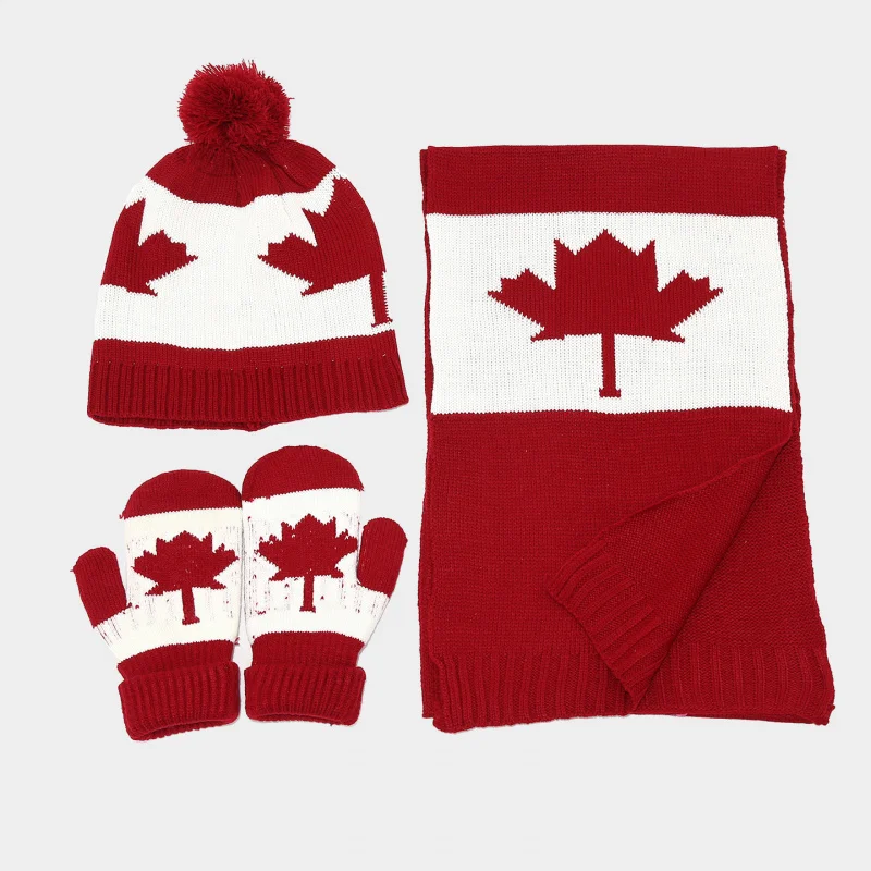 Canada Flag Maple Leaf Pattern Knitted Hat Scarf Gloves Three-Piece Set for Men and Women Casual Warm 3 pcs Set Trendy
