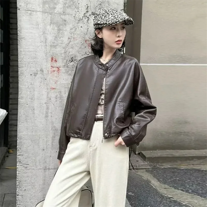 Fashion High-grade Blue Zipper Leather Jacket Women's Spring and Autumn bat Sleeve pu Loose Short Jacket Women's Leather Jacket