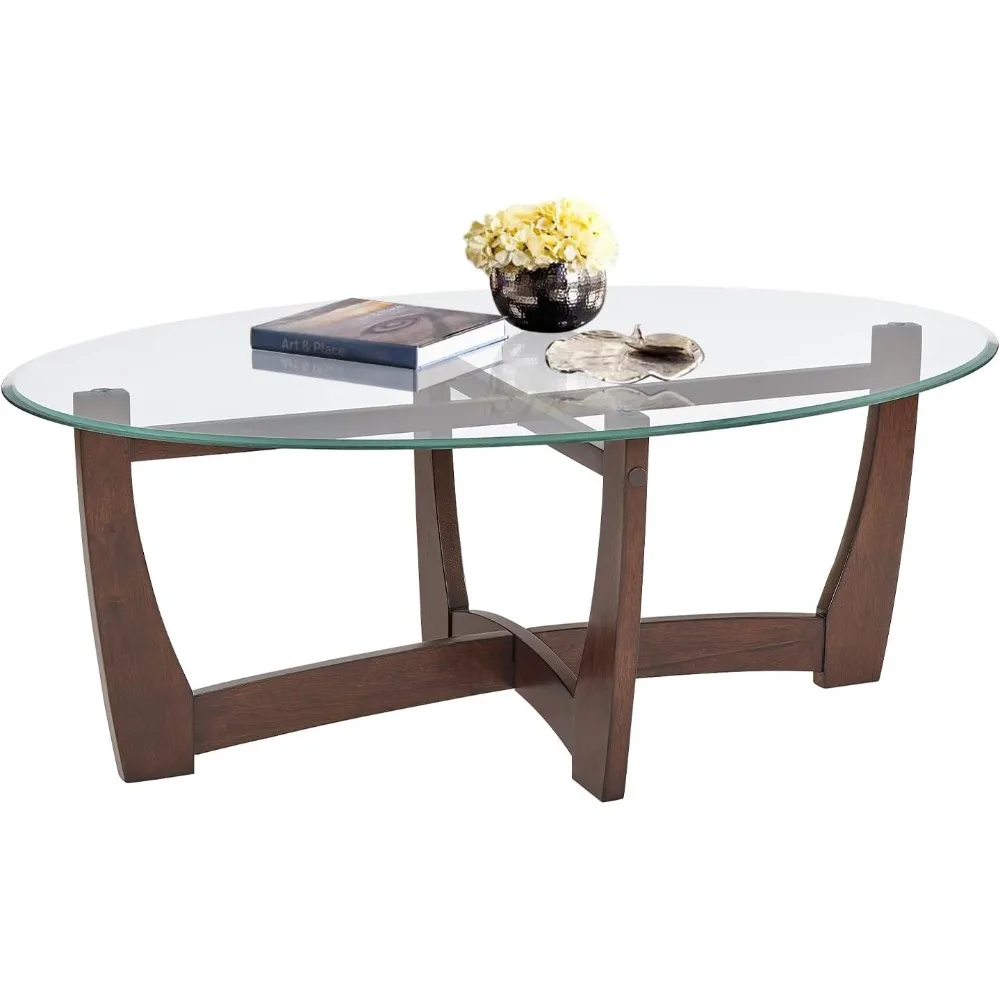 طاولة قهوة زجاجية بيضاوية مقاس 48 بوصة مع سطح من الزجاج المقسى وقاعدة من الخشب الصلب وطاولة مركزية بسيطة وحديثة لغرفة المعيشة #1