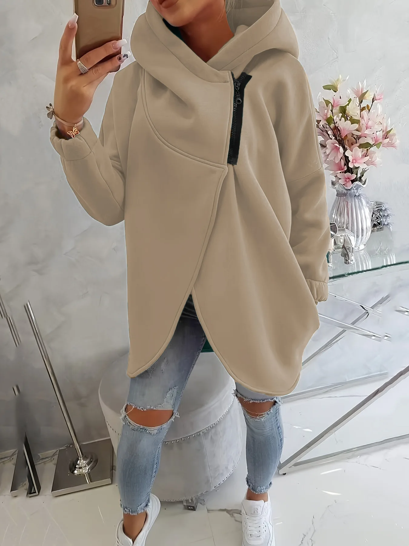 

Casual Solid Color Sweatshirt Autumn Winter Fashion New Warm Zipper Pocket Asymmetric Long Sleeved Jacket Loose Hooded Coat