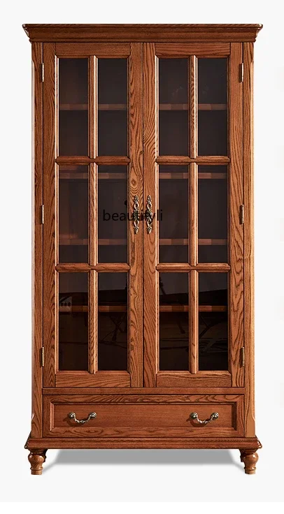 

High-end American all-solid wood bookcase with glass ash wood log bookshelf floor-to-ceiling storage display cabinet