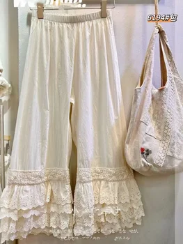 Bloomers Vintage pantalones sueltos cintura elástica fresca volantes glaseados encaje pantalones de pierna ancha mujeres