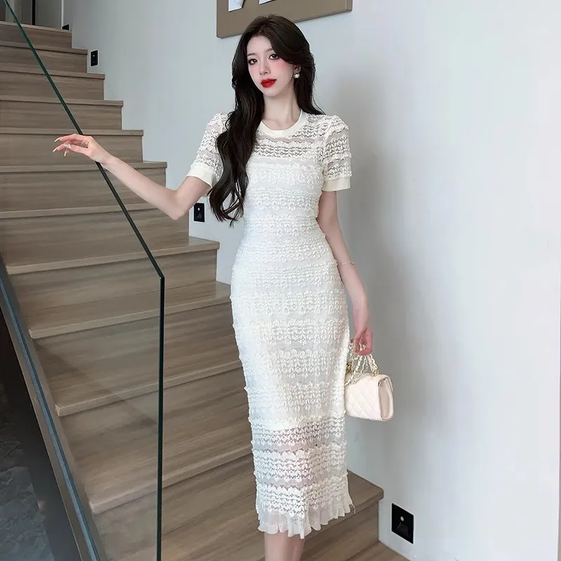 Fashion Summer Solid Lace Bodycon Dress France High Quality Women O Neck Short Sleeve Ruffles Ladies Office Pencil Midi Vestidos