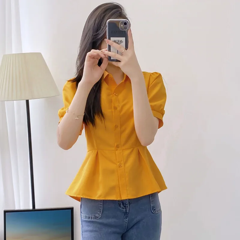 

Korean Shirt for Women Short Sleeve Yellow Blouse Summer Fashion Simple Casual Tops New Style 2022