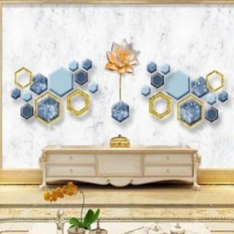 Fashionable and simple marble geometric abstract English gold leaf lotus root TV luxurious home bedroom background wall