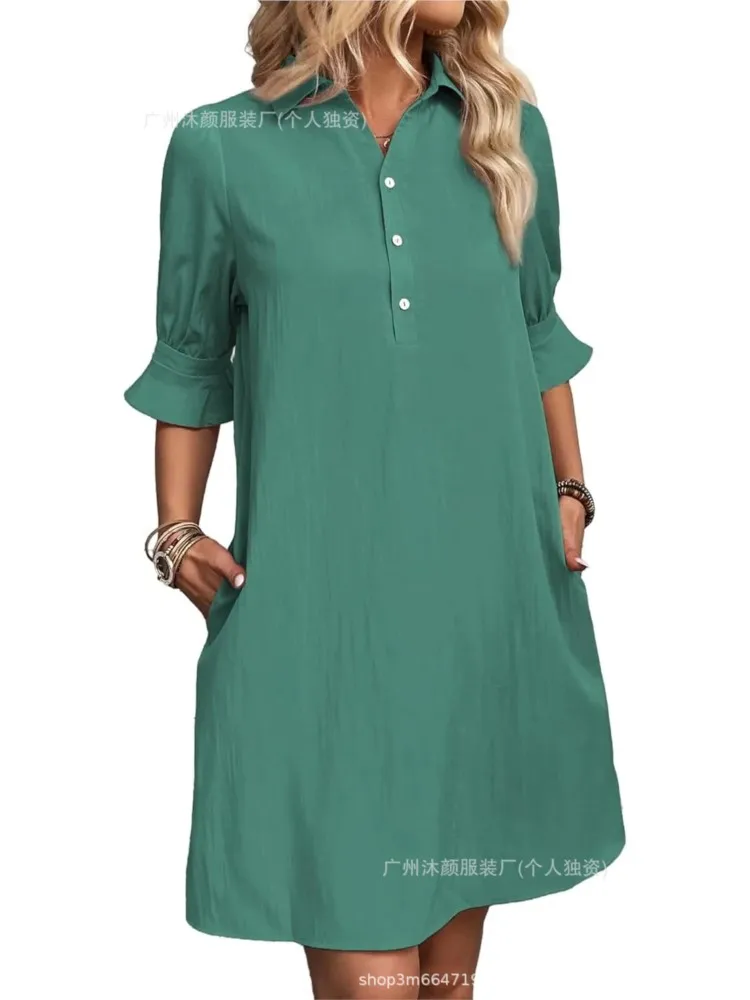 

2025 Women Casual Shirt Dress Ruffle Sleeve Solid Color Button Down Shift Summer Dress With Pocket Spring Outfits Clothing Black